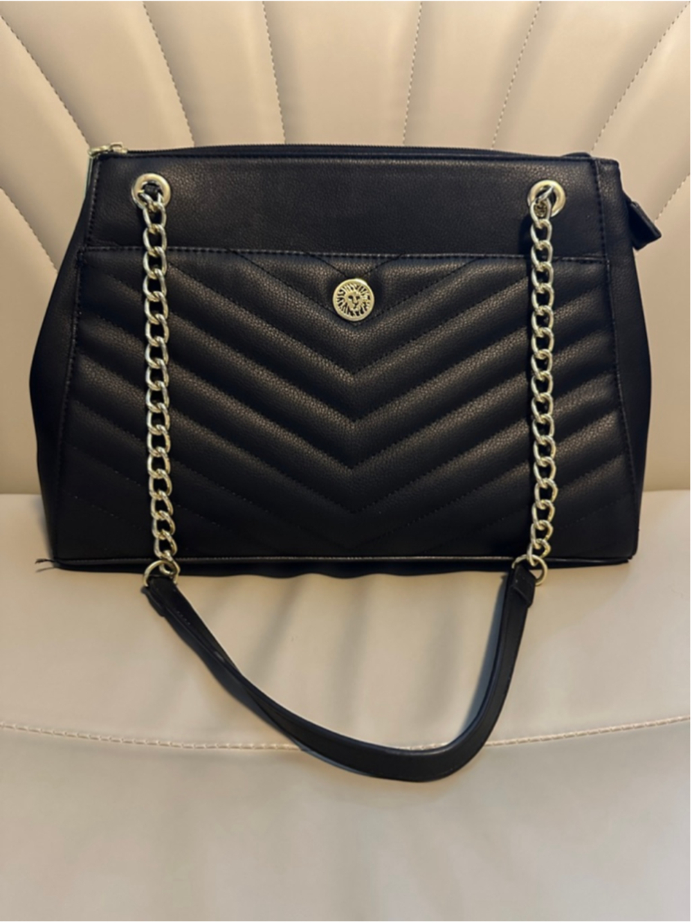 Anne Klein Black Chevron Shoulder Bag Gold Chain Lion Emblem